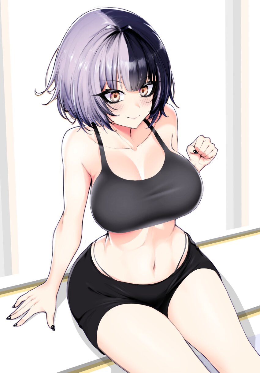 1girl, absurdres, alternate_costume, alternate_hair_length, alternate_hairstyle, arm_support, bike_shorts, black_hair