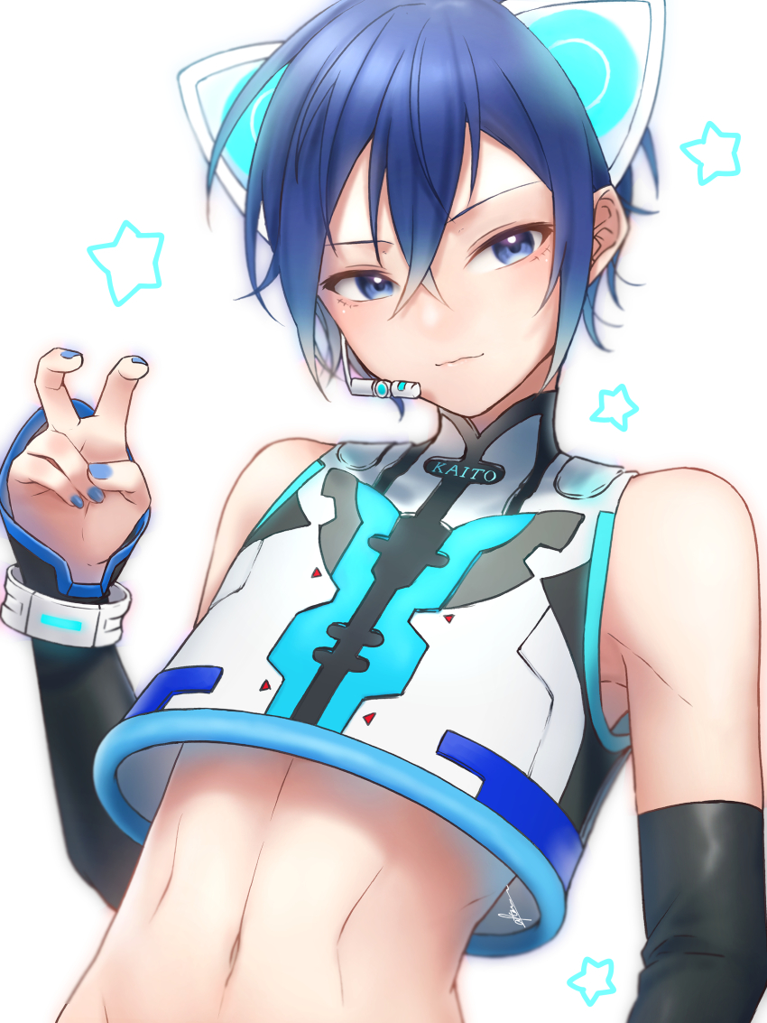 1boy, absurdres, after0217, armpit_peek, blue_eyes, blue_hair, blue_nails, commentary