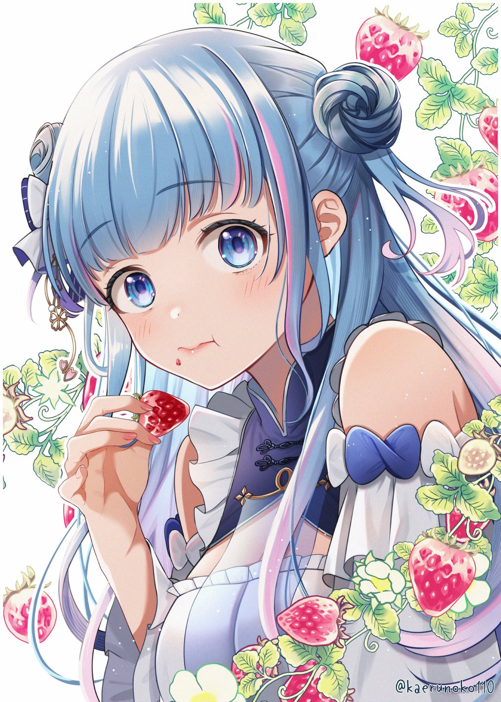 1girl, aoi_sakura_(japanese_vtuber), bare_shoulders, blue_bow, bow, breasts, cleavage, colored_inner_hair, detached_sleeves, double_bun, dress, eating, food, food_on_face, fruit, gradient_hair, hair_bow, hair_bun, hair_ribbon, highres, indie_virtual_youtuber, kaerunoko110, long_hair, long_sleeves, looking_at_viewer, medium_breasts, multicolored_hair, pink_hair, pink_nails, ribbon, see-through_clothes, see-through_cleavage, solo, strawberry, streaked_hair, virtual_youtuber, white_bow, white_dress, white_hair, wide_sleeves