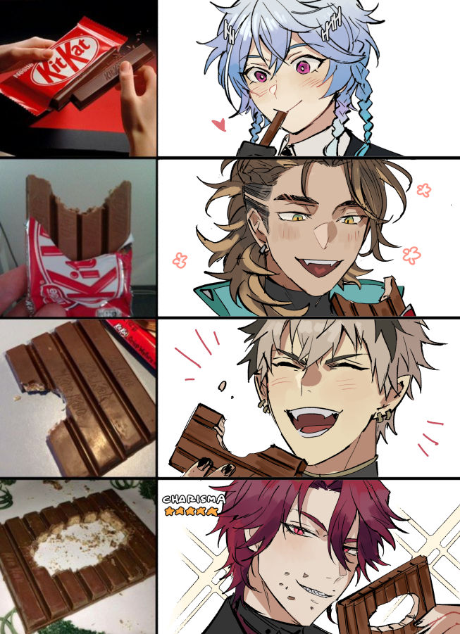 4boys, black_gloves, black_hair, black_nails, blonde_hair, blue_hair, brown_hair, chocolate