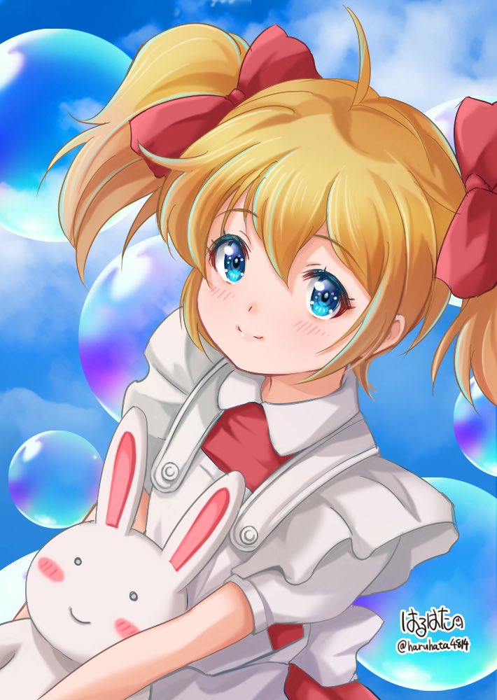 1girl, ahoge, alice_(marchen_maze), apron, blue_background, blue_eyes, bow, bubble, buttons, dress, frilled_sleeves, frills, haruhata_mutsuki, looking_at_viewer, marchen_maze, rabbit, red_bow, red_dress, sky, smile, solo, twintails, twitter_username
