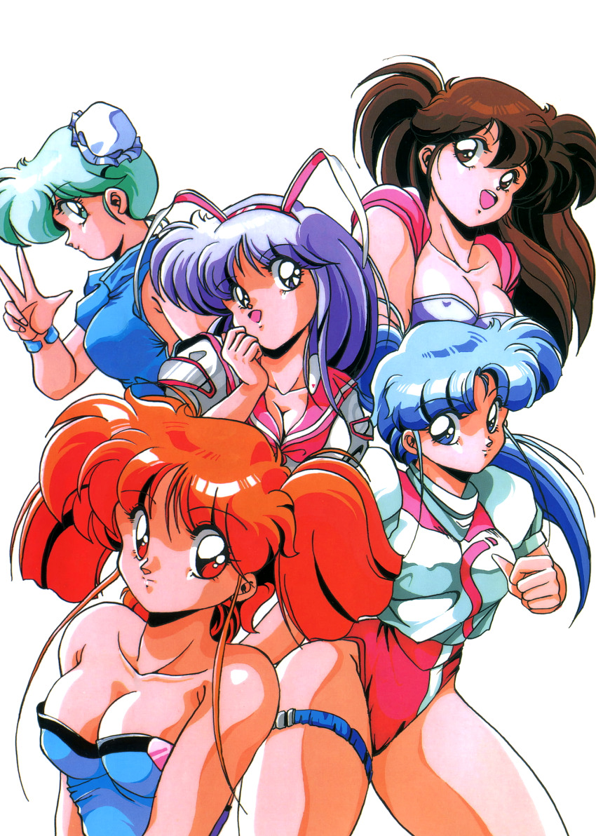 1990s_(style), 5girls, animal_ears, bare_shoulders, blue_eyes, blue_hair, bracelet, breasts