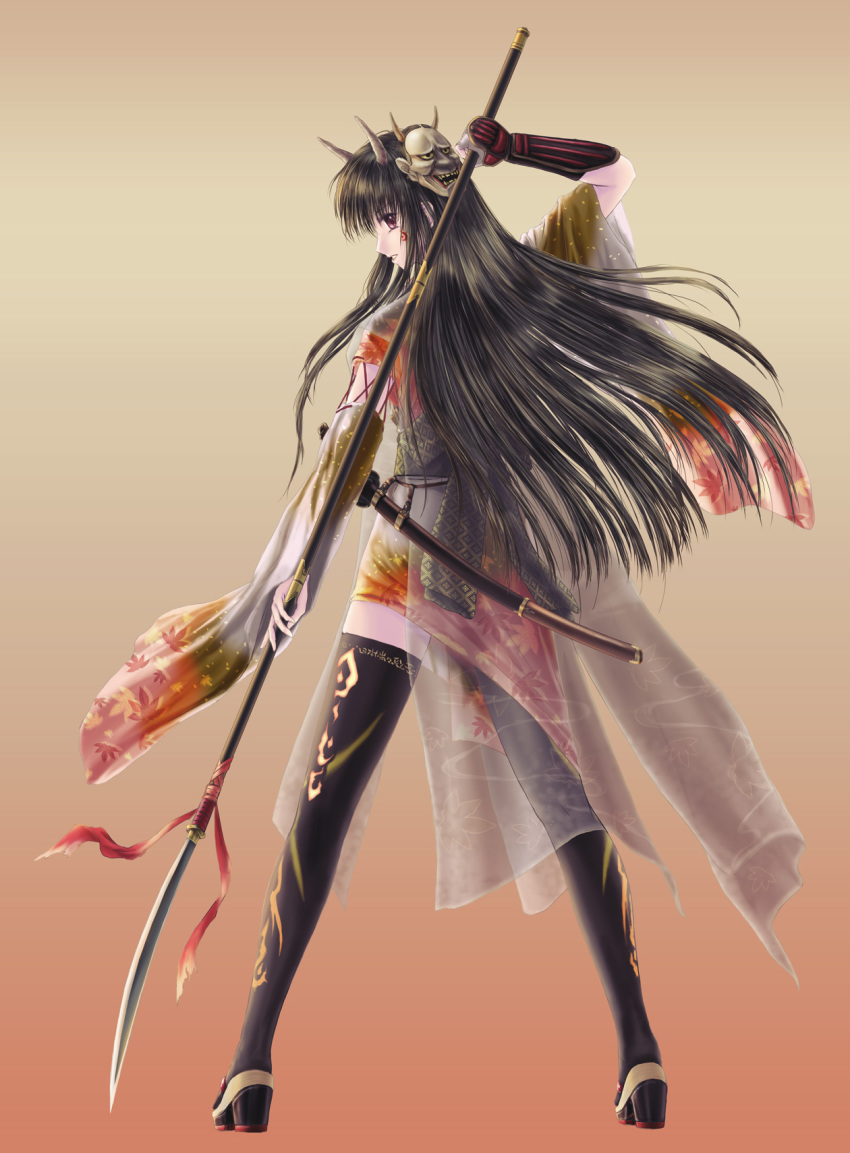 1girl, black_hair, bow, female_focus, gauntlets, gloves, hannya, highres, hinomoto_oniko, holding, holding_behind_back, holding_weapon_behind_back, horns, katana, long_hair, looking_back, mask, md5_mismatch, naginata, noh_mask, ntake_toukasaien, oni, original, polearm, sheath, solo, spear, sword, tachi_(weapon), thighhighs, weapon