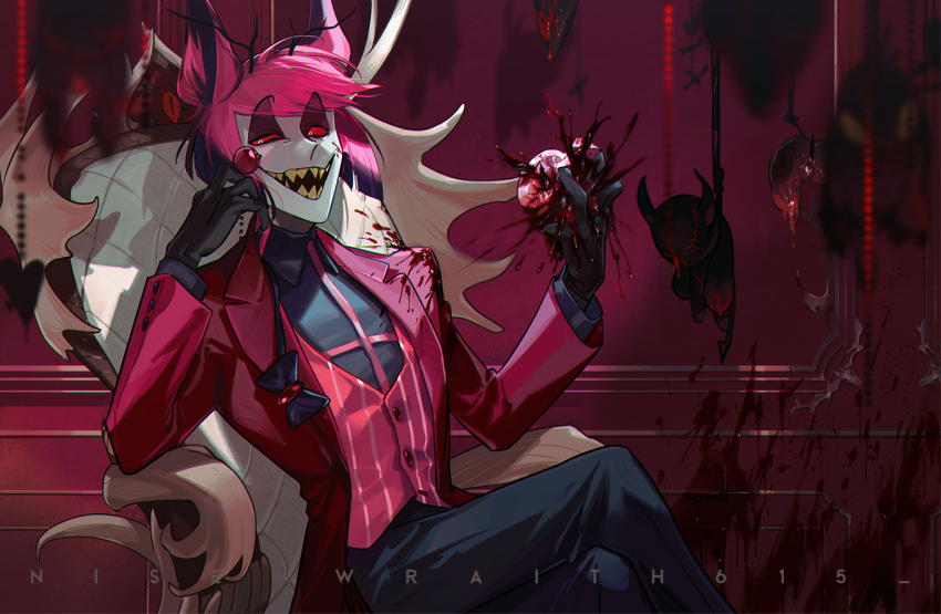 alastor_(hazbin_hotel), antlers, arm_support, black_bow, black_bowtie, black_eyeshadow, black_shirt, blood