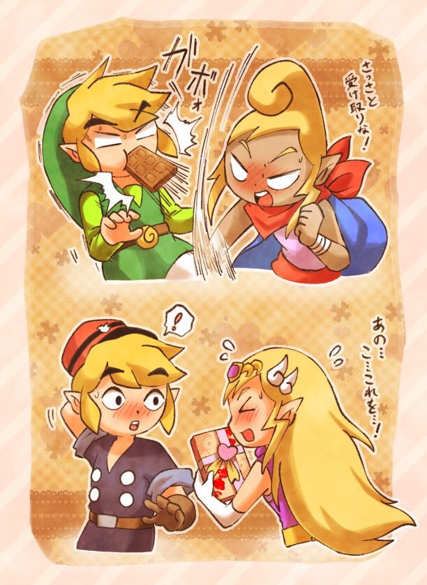 >_<, 2boys, 2girls, blonde_hair, blush, chocolate, dark-skinned_female, dark_skin, dress, elbow_gloves, flying_sweatdrops, gloves, hat, link, multiple_boys, multiple_girls, multiple_persona, nintendo, pointy_ears, princess_zelda, raihachi, red_scarf, scarf, tetra, the_legend_of_zelda, the_legend_of_zelda:_spirit_tracks, the_legend_of_zelda:_the_wind_waker, toon_link, toon_zelda, translation_request, tsundere, upper_body, valentine