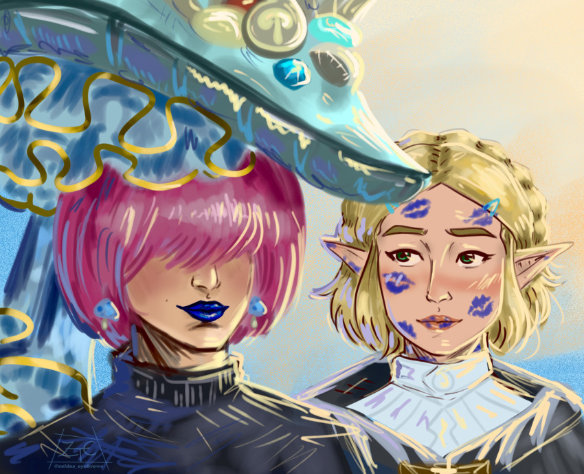 1boy, 1girl, after_kiss, blonde_hair, blue_lips, blush, braid, cece_hat_(zelda)