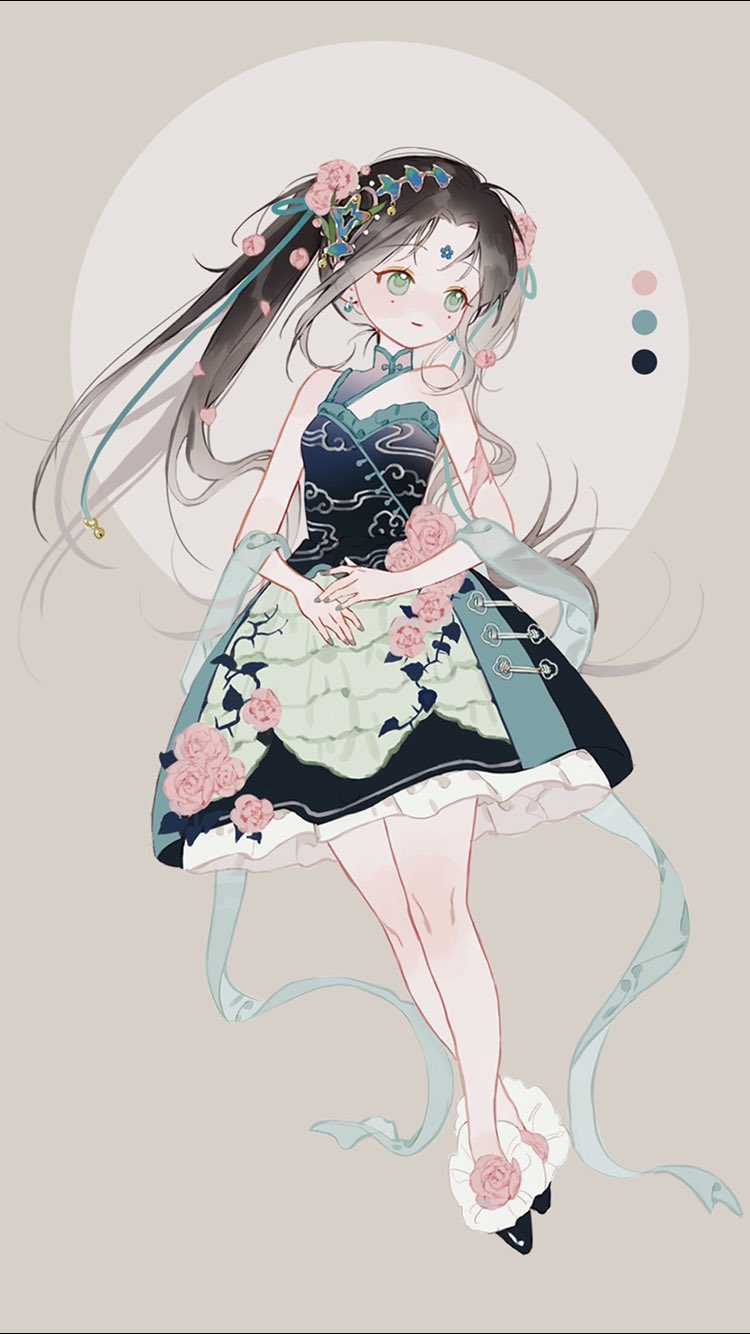 1girl, aqua_nails, ashuijing, bare_arms, bare_shoulders, black_shoes, blue_collar, blue_dress