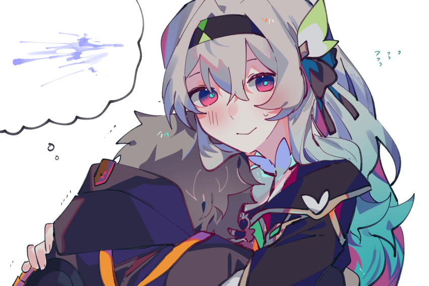 1boy, 1girl, black_hairband, black_jacket, black_ribbon, blue_eyes, blue_hair, blue_pupils, blush, bow, caelus_(honkai:_star_rail), closed_mouth, firefly_(honkai:_star_rail), flying_sweatdrops, gradient_eyes, green_bow, grey_hair, hair_between_eyes, hair_bow, hair_intakes, hair_ribbon, hairband, hetero, highres, honkai:_star_rail, honkai_(series), hood, hood_down, hooded_jacket, hug, jacket, long_sleeves, multicolored_eyes, multicolored_hair, peko_teupel, pink_eyes, pink_hair, ribbon, simple_background, smile, speech_bubble, splatter, spoilers, sweat, thought_bubble, trailblazer_(honkai:_star_rail), upper_body, white_background