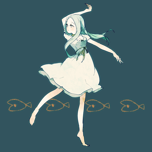 10s, 1girl, bad_id, bad_pixiv_id, barefoot, dancing, dress, female_focus