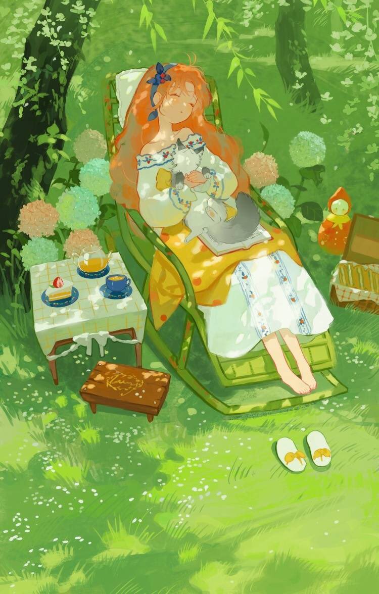 1girl, animal, animal_on_lap, apron, ashuijing, bare_shoulders, barefoot, berry