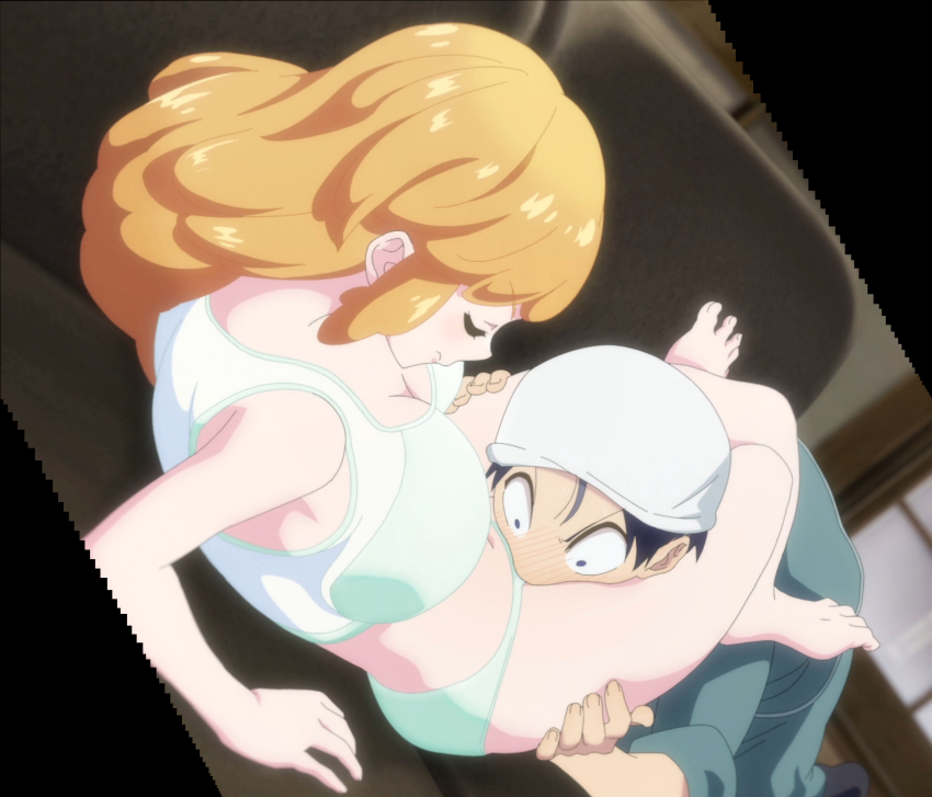 1boy, 1girl, absurdres, anime_screenshot, between_breasts, black_hair, blue_eyes, blush, bra, breast_press, breast_smother, breasts, cleavage, closed_eyes, couch, face_to_breasts, feet, green_bra, green_panties, green_shirt, highres, hug, large_breasts, leg_lock, long_hair, mato_seihei_no_slave, navel, open_mouth, orange_hair, panties, shirt, sidelocks, sleeping, stitched, thighs, third-party_edit, underwear, wakasa_sahara, wakura_yuuki