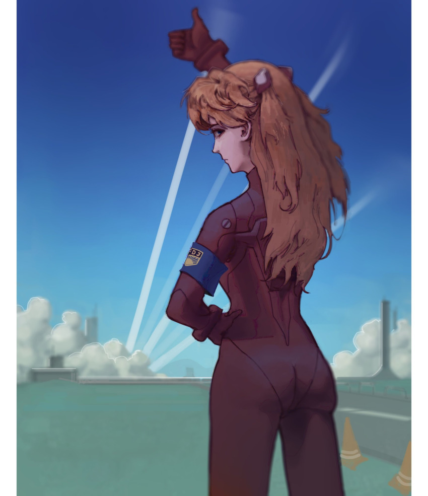 armband, ass, blue_eyes, bodysuit, fdj, free_german_youth, from_behind, highres, interface_headset_(evangelion), mecha_pilot_suit, neon_genesis_evangelion, orange_hair, plugsuit_(evangelion), red_bodysuit, russiansiscon, skin_tight, sky, solo, souryuu_asuka_langley, thumbs_up, traffic_cone