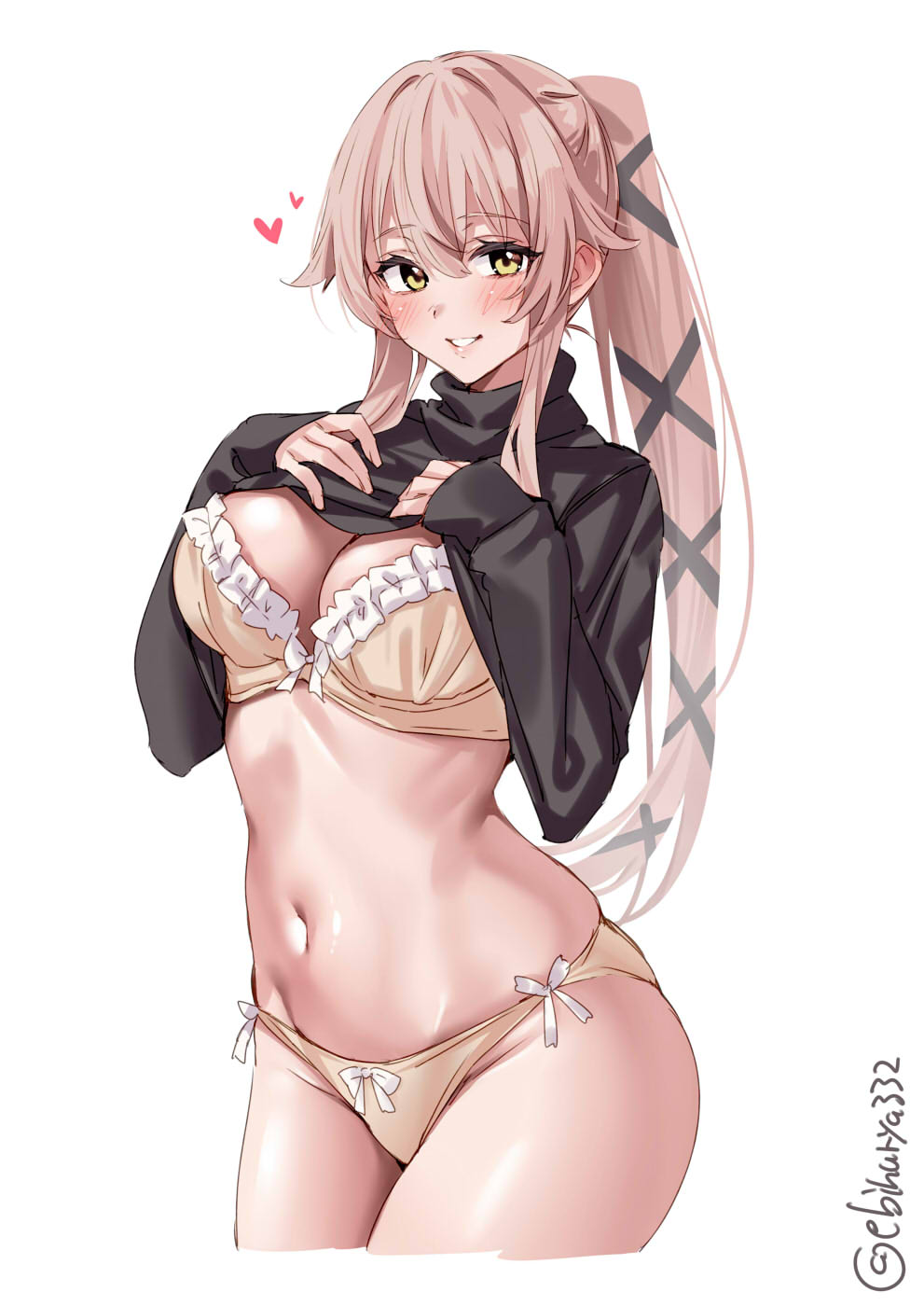 1girl, black_sweater, blush, bra, breasts, clothes_lift, cowboy_shot, cropped_legs, ebifurya, groin, heart, highres, kantai_collection, large_breasts, long_hair, long_sleeves, looking_at_viewer, navel, one-hour_drawing_challenge, open_mouth, panties, pink_hair, ponytail, simple_background, smile, solo, sweater, sweater_lift, turtleneck, turtleneck_sweater, twitter_username, underwear, very_long_hair, white_background, yellow_bra, yellow_eyes, yellow_panties, yura_(kancolle), yura_kai_ni_(kancolle)