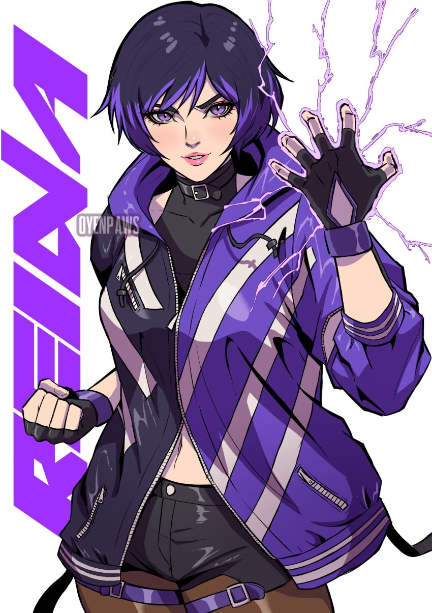 1girl, black_hair, clenched_hand, commentary, cowboy_shot, electricity, english_commentary, english_text, fingerless_gloves, gloves, highres, jacket, multicolored_hair, navel, oyenpaws, purple_eyes, purple_hair, red_lips, reina_(tekken), short_hair, simple_background, solo, streaked_hair, tekken, tekken_8, upper_body, white_background