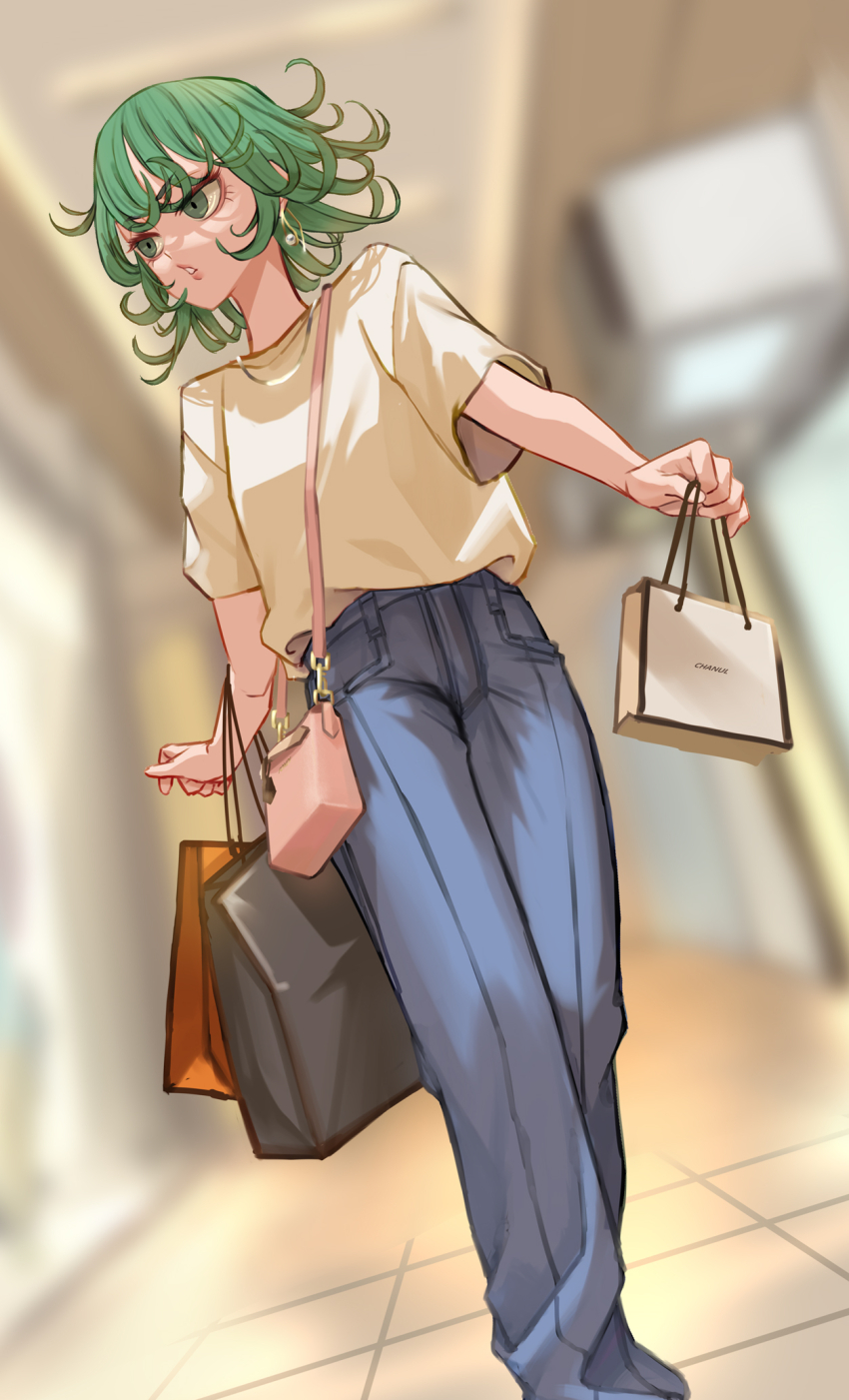 1girl, bag, commentary_request, curly_hair, denim, dutch_angle, earrings, eyelashes