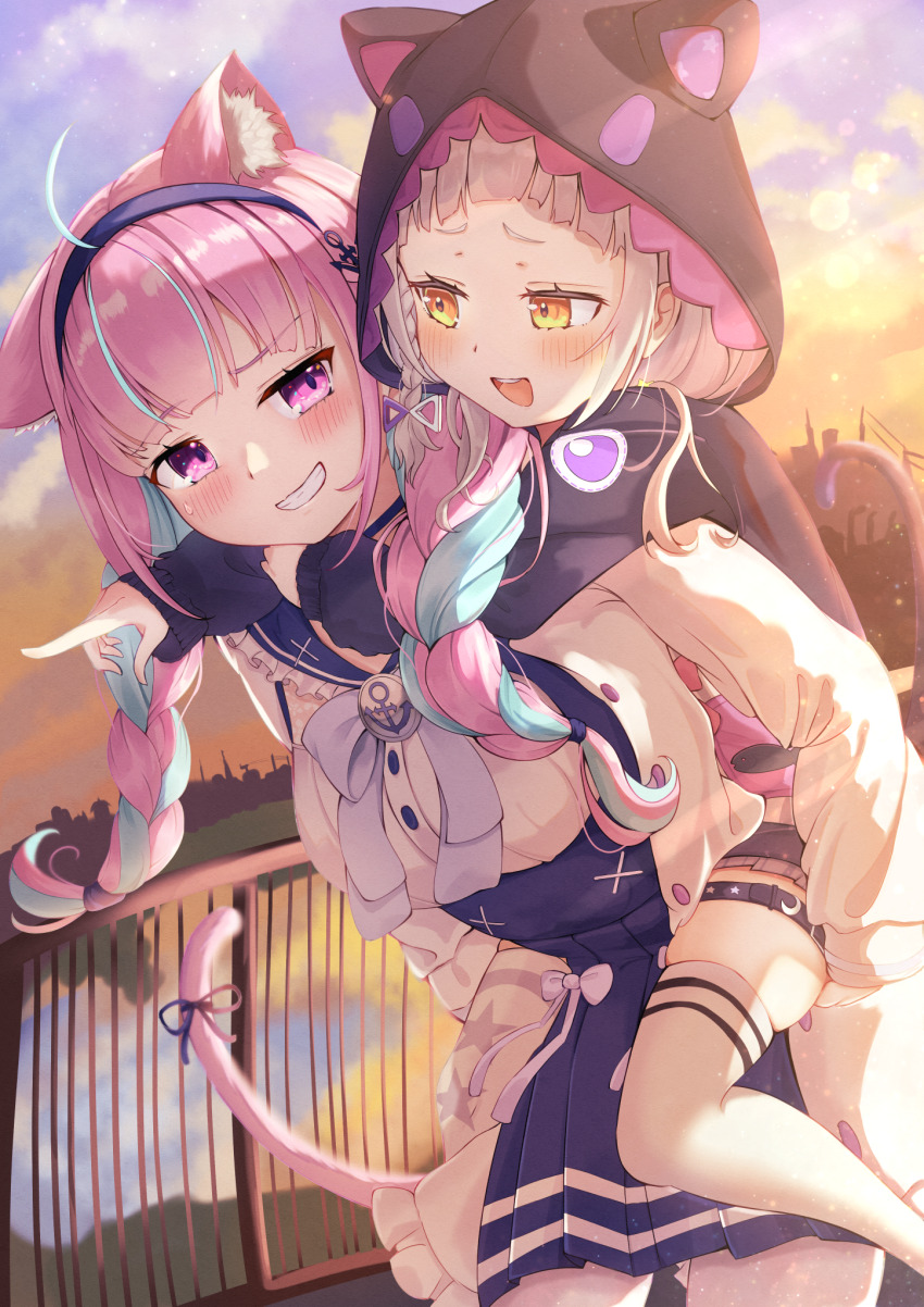 2girls, anchor_hair_ornament, animal_ear_fluff, animal_ears, animal_hood, black_jacket, blue_hair, blue_headband, blue_sailor_collar, blue_skirt, blush, braid, carrying, cat_ears, cat_hood, cat_tail, fence, grey_hair, hair_ornament, headband, highres, hololive, hood, jacket, long_hair, minato_aqua, minato_aqua_(sailor), multiple_girls, murasaki_shion, murasaki_shion_(school_uniform), official_alternate_costume, open_mouth, pantyhose, piggyback, pink_hair, ponzakuro0116, purple_eyes, sailor_collar, shirt, skirt, smile, tail, thigh_strap, thighhighs, twin_braids, virtual_youtuber, white_pantyhose, white_shirt, white_thighhighs, yellow_eyes