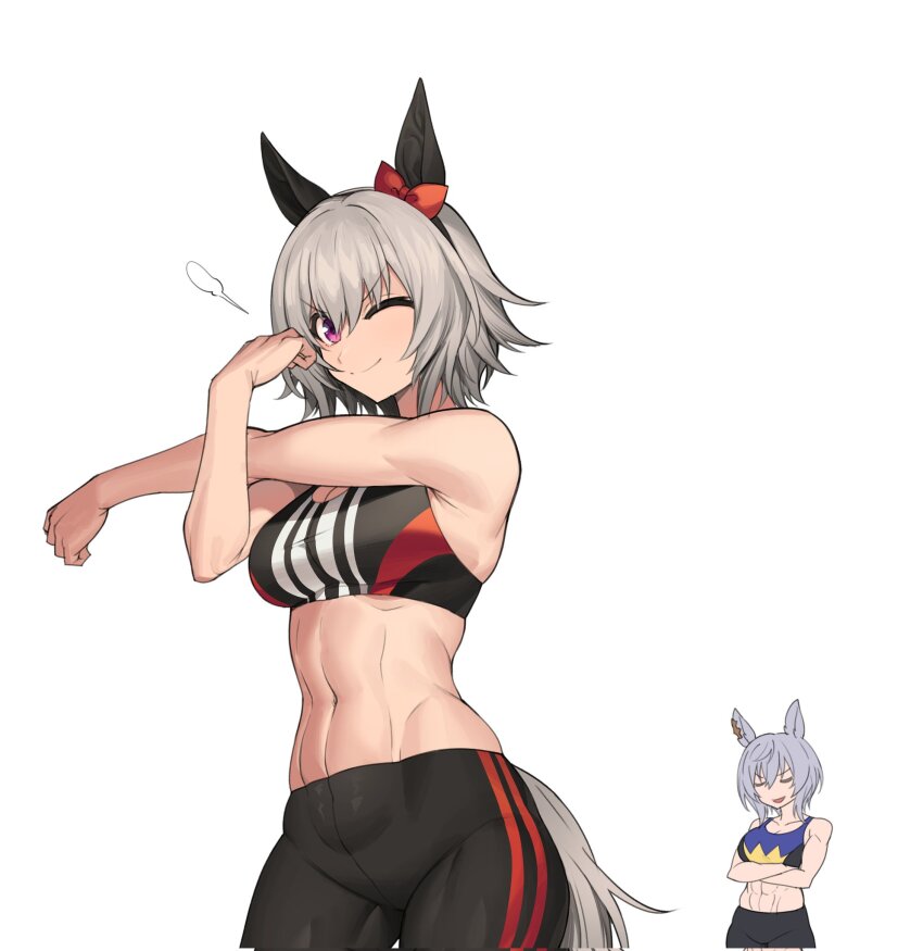 2girls, abs, animal_ears, bare_shoulders, black_hairband, black_sports_bra, bow, closed_eyes
