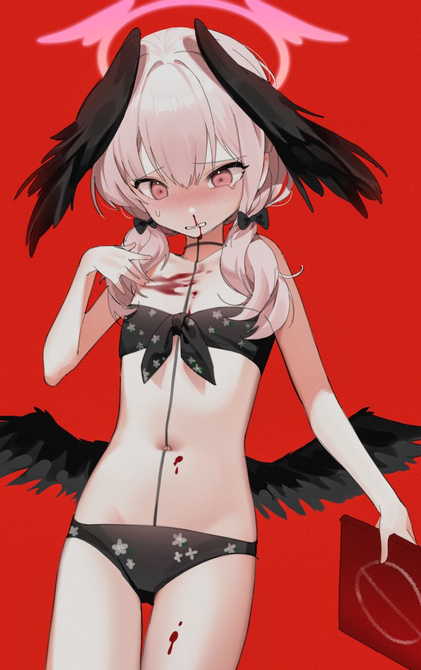 1girl, absurdres, bikini, black_bikini, black_wings, bleeding, blood, blood_on_chest