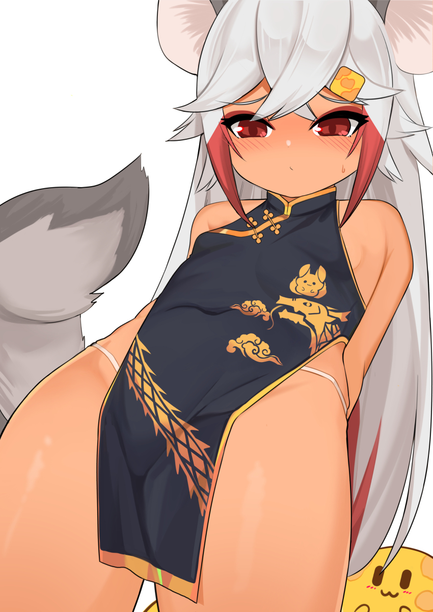 1girl, animal_ears, blush, breasts, chilla_behemos, china_dress, chinese_clothes, closed_mouth, colored_tips, commentary_request, crossed_bangs, dragon_print, dress, hair_between_eyes, highres, loli, long_hair, multicolored_hair, paid_reward_available, panties, pelvic_curtain, print_dress, red_eyes, red_hair, simple_background, sleeveless, sleeveless_dress, small_breasts, solo, square_live, streaked_hair, string_panties, surio, tail, two-tone_hair, underwear, variant_set, very_long_hair, virtual_youtuber, white_background, white_hair, white_panties
