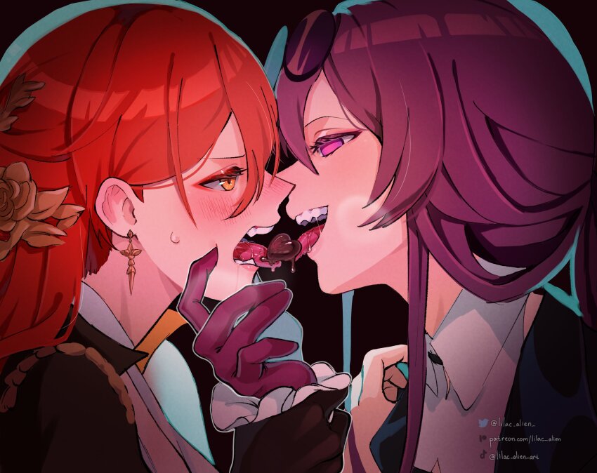 2girls, black_gloves, black_jacket, blush, candy, chocolate, chocolate_heart, collared_shirt