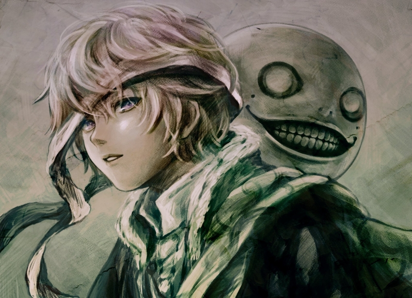 2boys, blindfold, blindfold_slip, dual_persona, emil_(human)_(nier), emil_(nier), grey_hair, highres