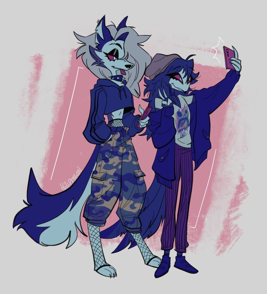 2girls, :p, animal_ears, animal_nose, artist_name, beak, beanie, black_choker