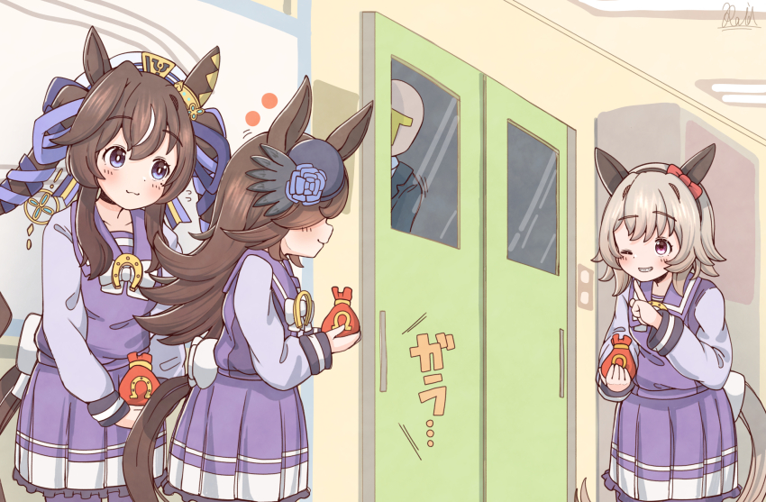1boy, 3girls, :3, ambush, brown_hair, curren_chan_(umamusume), door, grey_hair