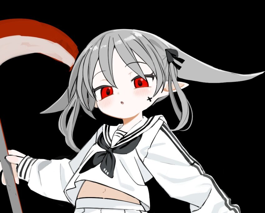1girl, :o, abysmal, black_neckerchief, blush, facial_mark, hair_ears, half-closed_eyes