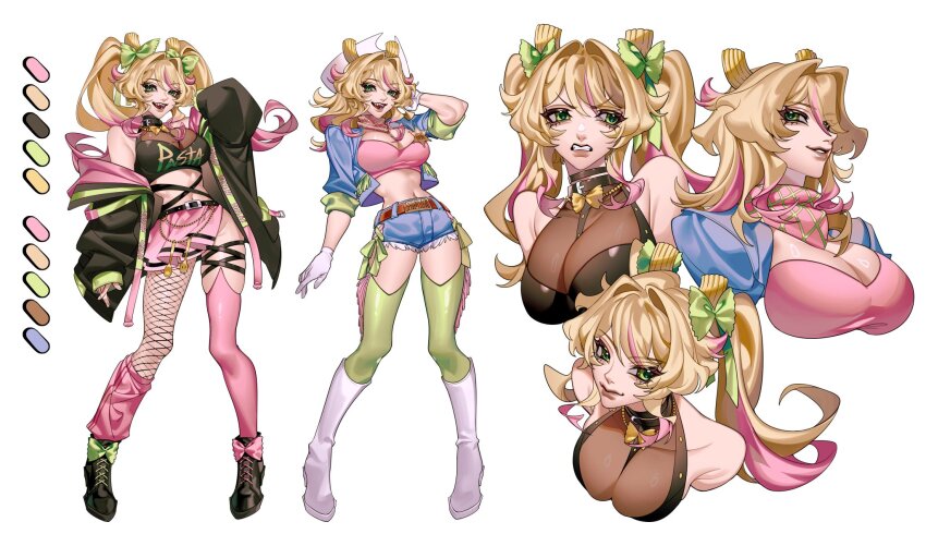 1girl, adjusting_hair, angry, asymmetrical_legwear, bandana, bandana_around_neck, belt, belt_buckle