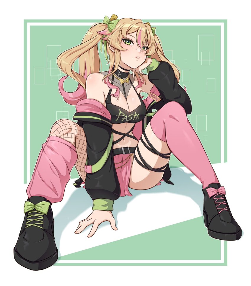 1girl, ass, asymmetrical_legwear, belt, belt_buckle, between_breasts, black_belt, black_choker, black_jacket, black_shoes, blonde_hair, bow, bowtie_pasta, breasts, buckle, chain, choker, cleavage, clothing_cutout, collar, commentary_request, crop_top, fishnet_thighhighs, fishnets, food, freckles, full_body, gold, gold_chain, green_bow, green_eyes, green_jacket, green_ribbon, hair_between_eyes, hair_ornament, hair_over_shoulder, hair_ribbon, half-closed_eyes, half-skirt, hand_on_own_chin, hand_up, head_on_hand, head_rest, highres, horns, indie_virtual_youtuber, jacket, jewelry, lace-up_shoes, long_hair, long_sleeves, looking_at_viewer, looking_to_the_side, medium_breasts, midriff, multicolored_hair, multicolored_jacket, multicolored_skirt, navel, necklace, noodles, off-shoulder_jacket, off_shoulder, on_floor, parted_lips, pasta, pastaroniravioli, pink_bow, pink_hair, pink_jacket, pink_skirt, pink_thighhighs, ponytail, ribbon, shoes, sidelocks, single_thighhigh, sitting, skirt, sleeveless, solo, strap, strap_between_breasts, tagme, teeth, thigh_strap, thighhighs, twintails, two-tone_hair, virtual_youtuber