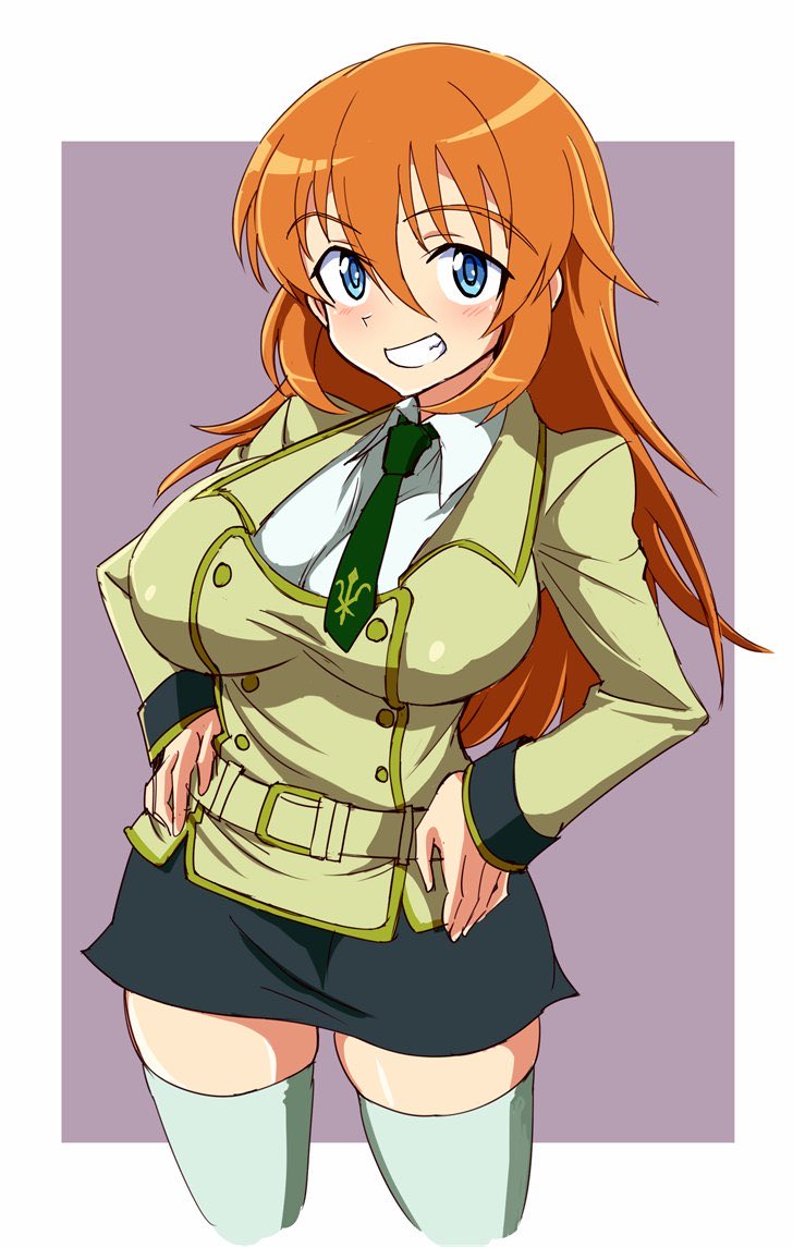 1girl, ashford_academy_school_uniform, belt, black_skirt, blue_eyes, breasts, charlotte_e._yeager, code_geass, collared_shirt, cosplay, dress_shirt, green_necktie, grin, hands_on_own_hips, jacket, kin-san_(sasuraiga), large_breasts, long_hair, look-alike, name_connection, necktie, orange_hair, pencil_skirt, purple_background, school_uniform, shirley_fenette, shirley_fenette_(cosplay), shirt, skirt, smile, solo, strike_witches, thighhighs, two-tone_background, white_shirt, white_thighhighs, world_witches_series, yellow_jacket