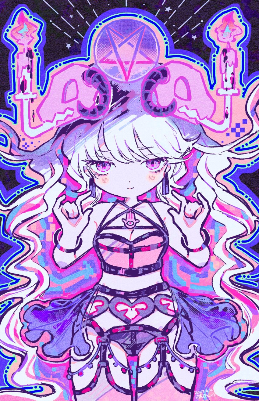 1girl, \m/, animal_skull, bare_shoulders, black_panties, bracelet, breasts, bustier