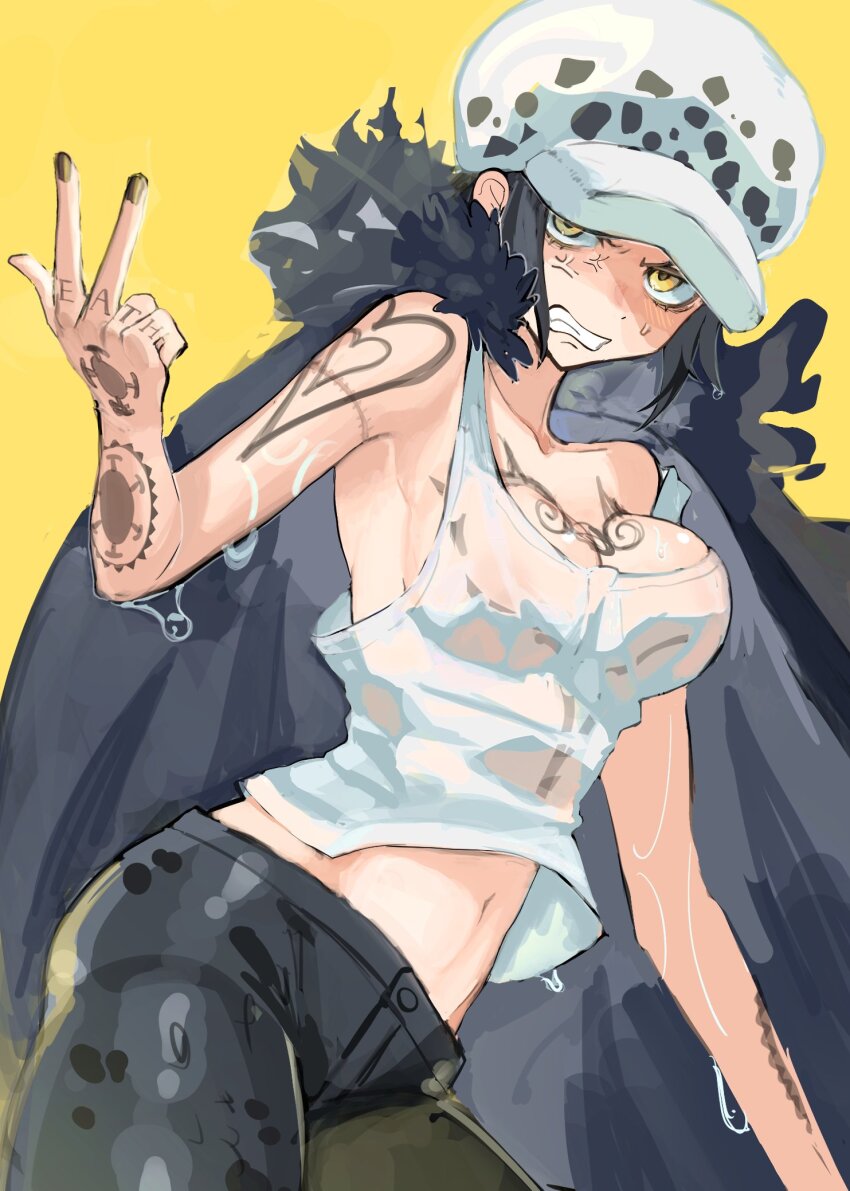 1girl, anger_vein, arm_tattoo, bare_arms, black_cape, black_pants, breasts, canon_genderswap