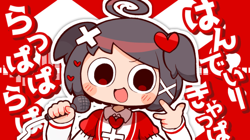 1boy, ahoge, black_eyes, black_hair, collared_shirt, hair_ornament, handy_capper_(vocaloid), heart, heart_hair_ornament, holding, holding_microphone, long_sleeves, looking_at_viewer, microphone, no_pupils, open_mouth, original, oyo-kun, pepoyo, puffy_short_sleeves, puffy_sleeves, red_shirt, shirt, short_hair, short_sleeves, short_twintails, single_eyebrow, smile, solo, swept_bangs, twintails, vocaloid, w, white_shirt, x_hair_ornament