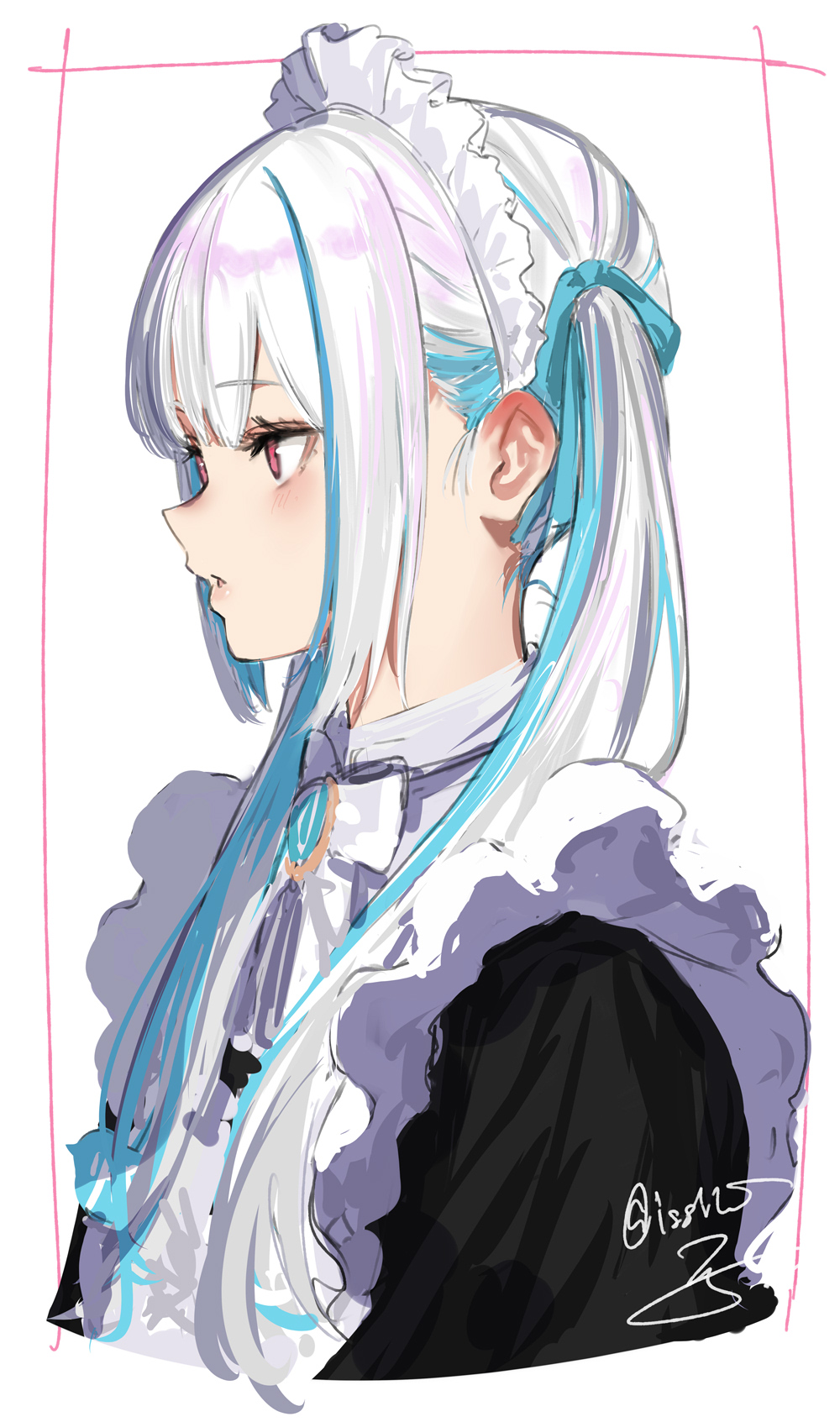1girl, apron, aqua_gem, aqua_hair, aqua_ribbon, black_dress, blunt_bangs, blush
