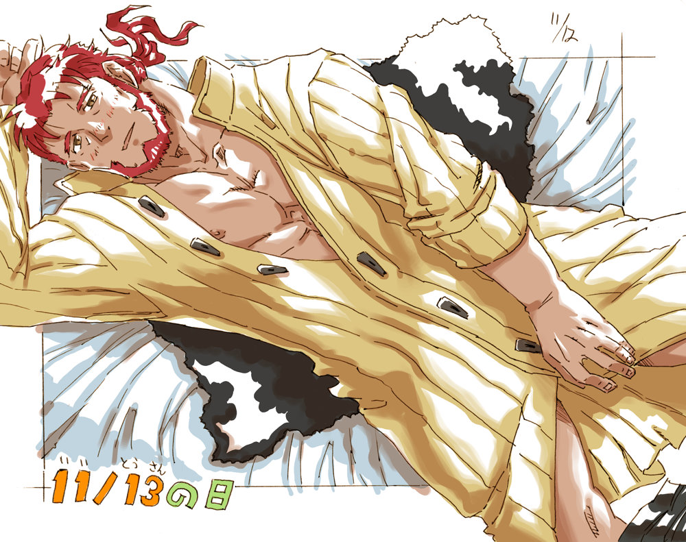 1boy, bara, bare_pectorals, belgrieve_(s-rank_musume), boukensha_ni_naritai_to_miyako_ni_deteitta_musume_ga_s_rank_ni_natteta, brown_eyes, coat, dated