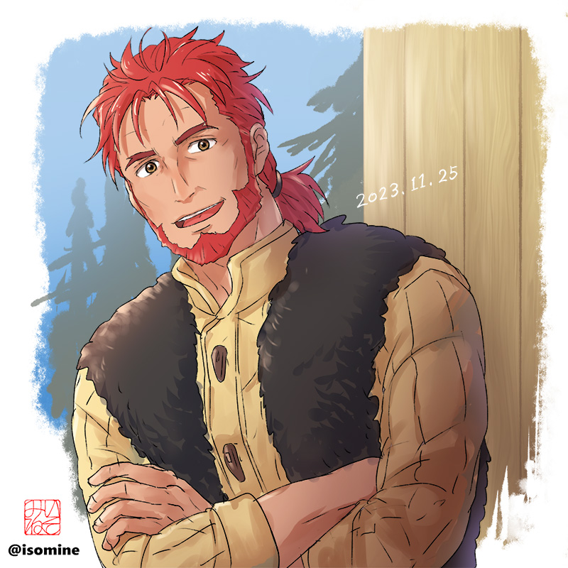 1boy, against_wall, artist_logo, belgrieve_(s-rank_musume), boukensha_ni_naritai_to_miyako_ni_deteitta_musume_ga_s_rank_ni_natteta, brown_eyes, crossed_arms, facial_hair