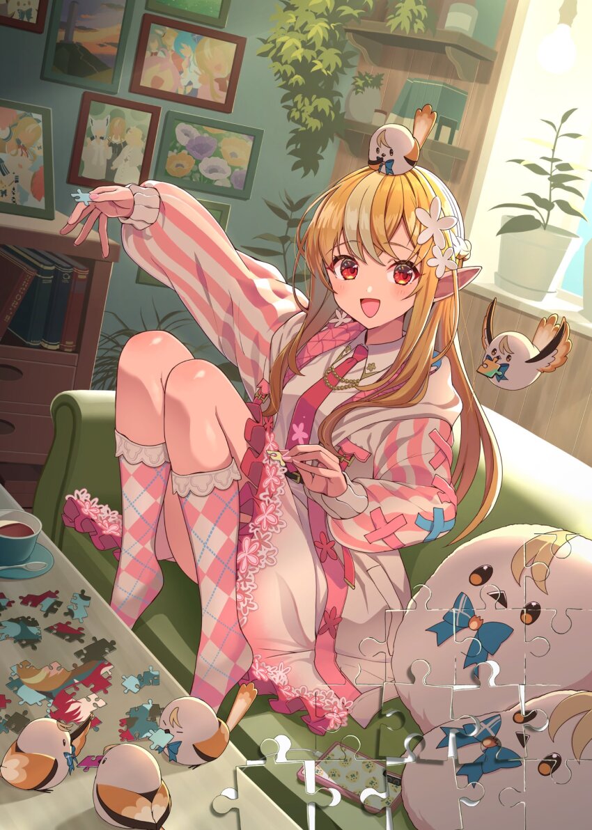 1girl, belt, black_belt, blonde_hair, book, bookshelf, braid, cellphone