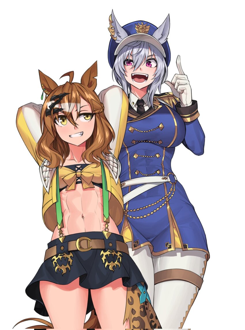 2girls, abs, ahoge, animal_ears, animal_print, argyle_clothes, argyle_legwear, arms_behind_head