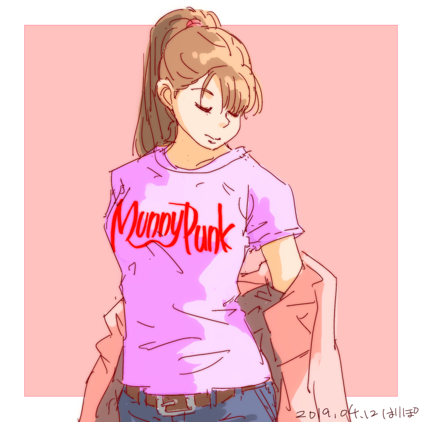 1girl, belt, blue_pants, brown_hair, closed_eyes, dated, denim, facing_viewer, harry_(kamome1398), jeans, long_hair, original, pants, pink_background, pink_shirt, removing_jacket, shirt, short_sleeves, sketch, smile, solo, standing