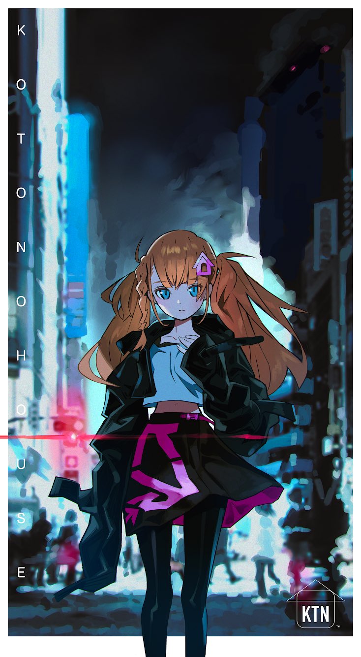 1girl, black_jacket, black_pantyhose, black_skirt, blue_eyes, braid, brown_hair, city, commentary, cropped_jacket, english_commentary, feet_out_of_frame, hand_on_own_chest, hand_up, highres, hood, hooded_jacket, jacket, kotonohouse_gal, long_hair, long_sleeves, looking_at_viewer, midriff, night, open_clothes, open_jacket, original, outdoors, pantyhose, parted_lips, second-party_source, shirt, side_braid, skirt, sleeves_past_wrists, solo, standing, tokiya, twintails, white_shirt, wind