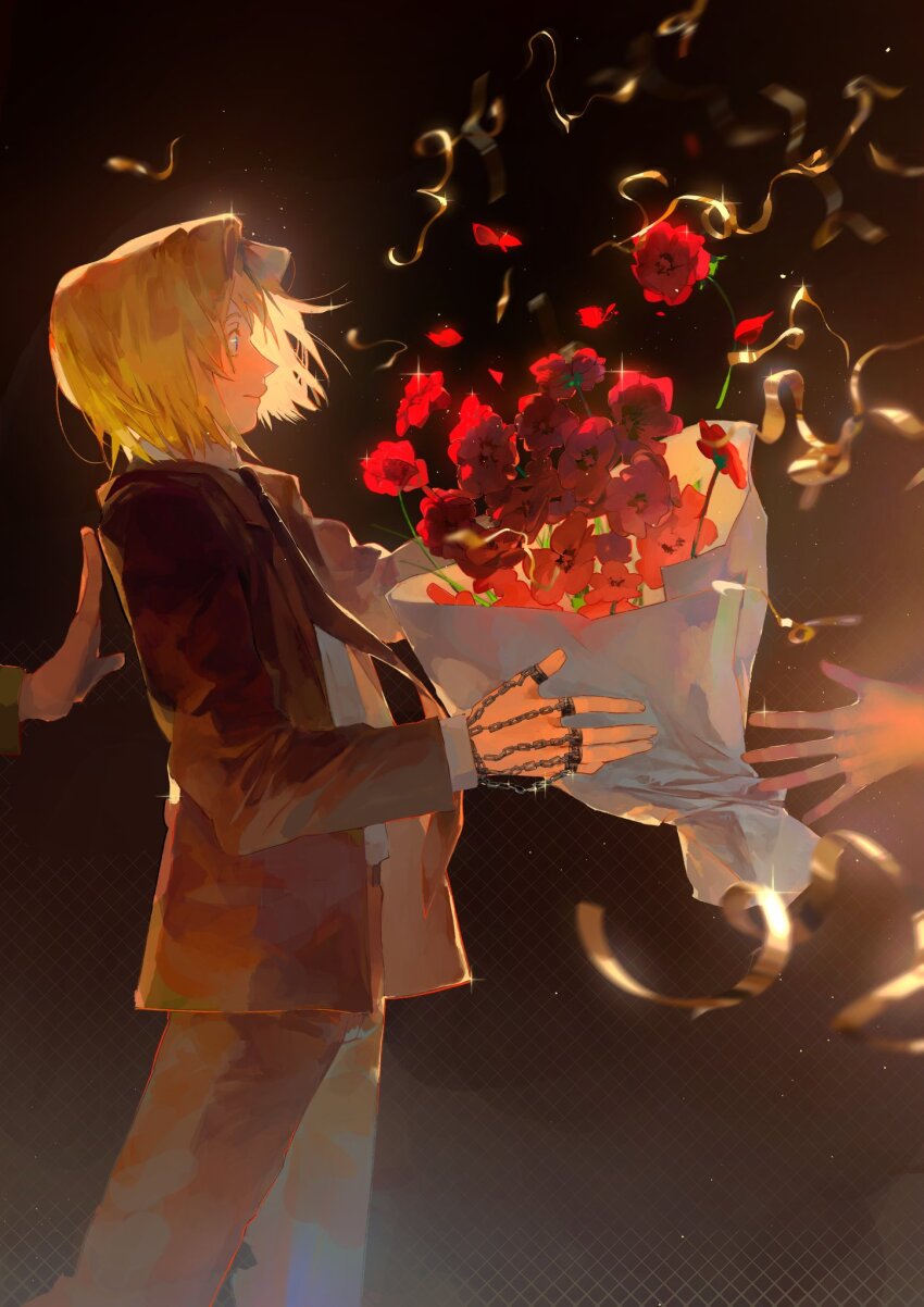 1boy, androgynous, blonde_hair, blue_tabard, bouquet, celebration, chain, feet_out_of_frame