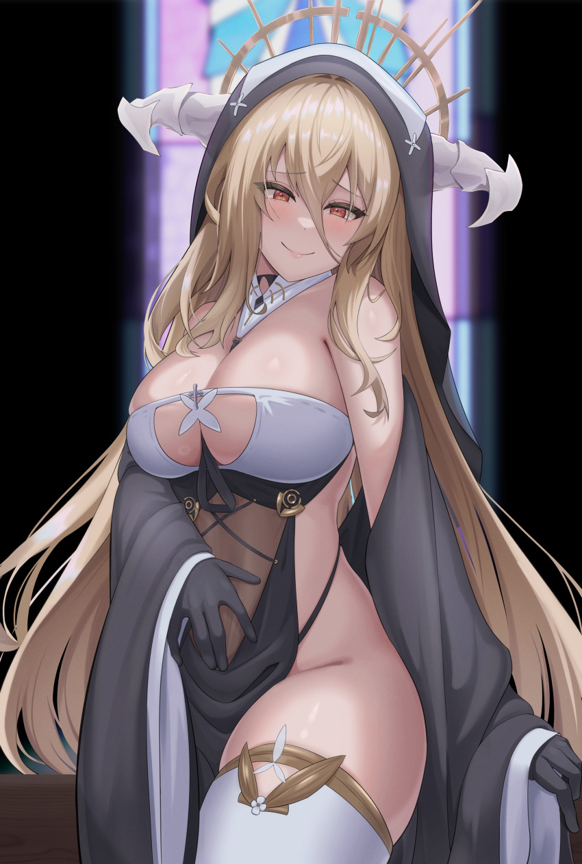 1girl, absurdres, azur_lane, bare_shoulders, black_dress, black_gloves, blush, breasts, cleavage, closed_mouth, dress, gloves, highres, horns, implacable_(azur_lane), large_breasts, light_brown_hair, long_hair, looking_at_viewer, meron_(mblalula), navel, nun, orange_eyes, pelvic_curtain, sidelocks, smile, solo, thighhighs, thighs, very_long_hair, white_thighhighs, wide_sleeves