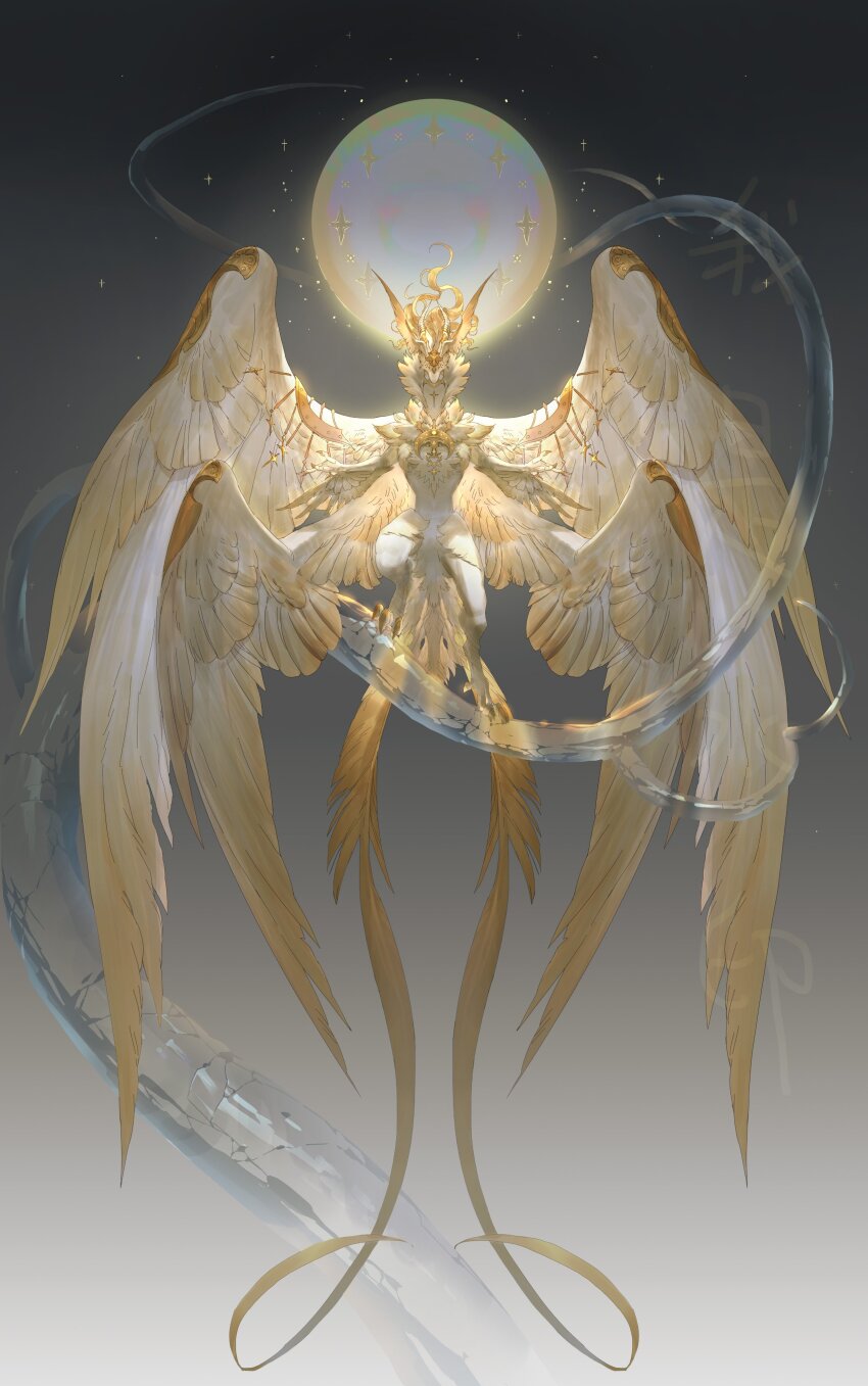 absurdres, bird_tail, black_background, blank_eyes, blonde_hair, claws, closed_mouth, dragon