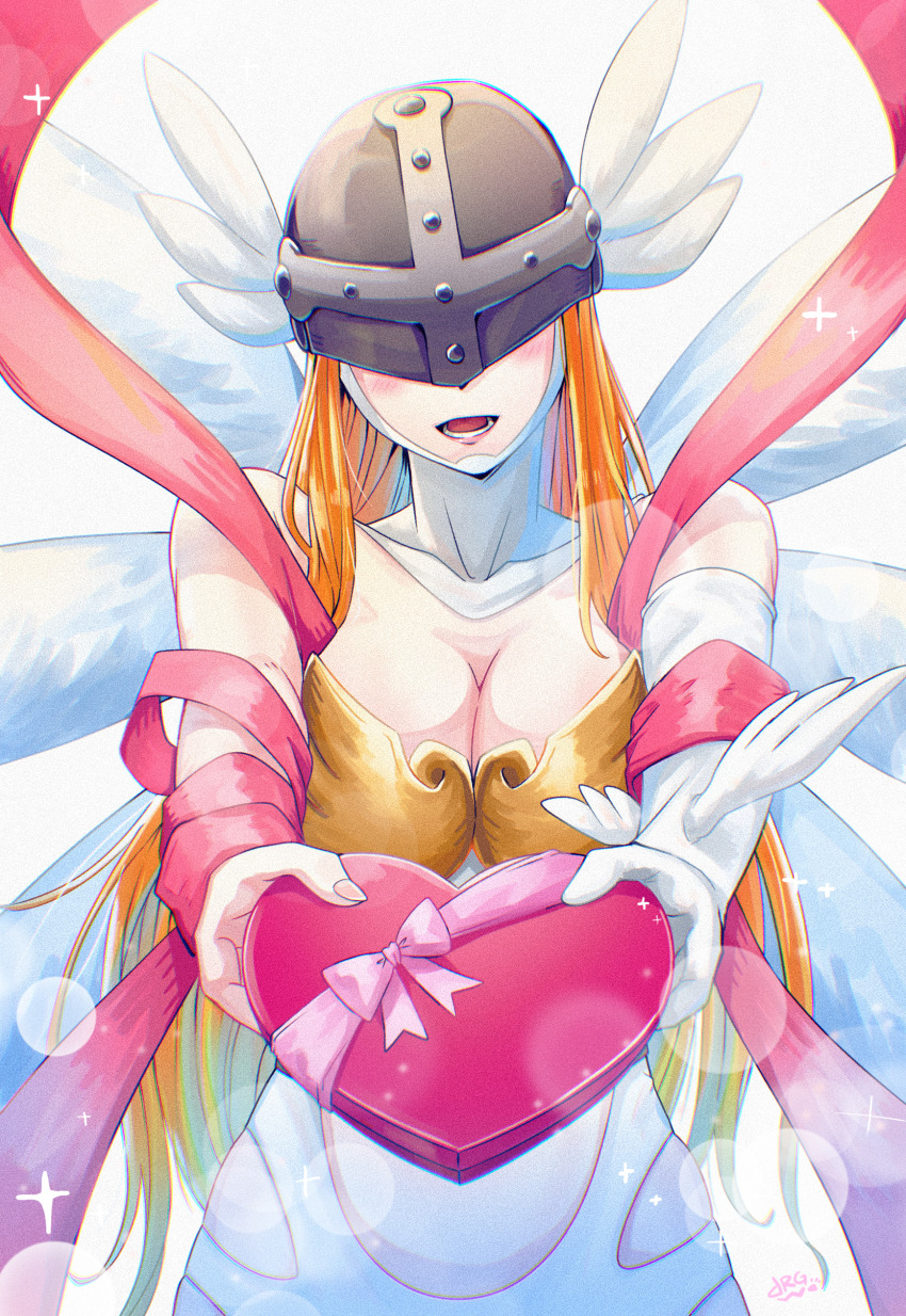 1girl, absurdres, angel_wings, angewomon, asymmetrical_clothes, bare_shoulders, belt, blonde_hair