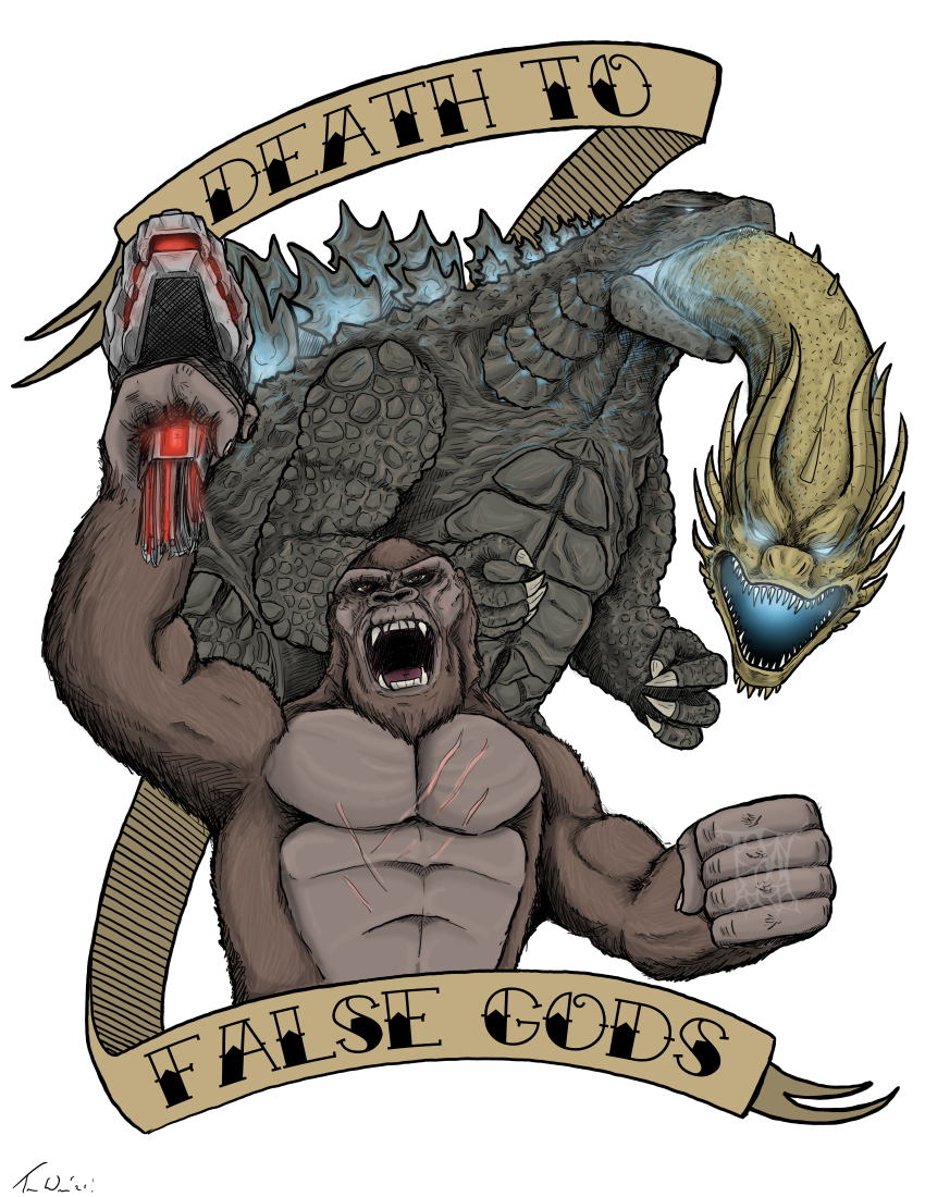 absurdres, alien, ape, blue_eyes, claws, crossover, dinosaur, dragon