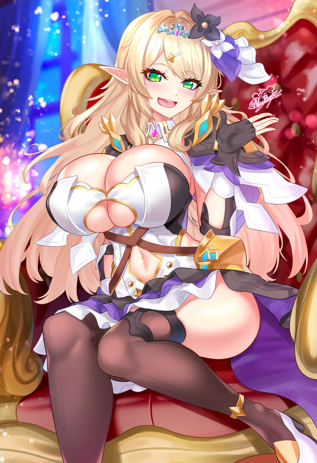 1girl, blonde_hair, blush, breasts, cleavage, cleavage_cutout, clothing_cutout, elara_(vtuber)