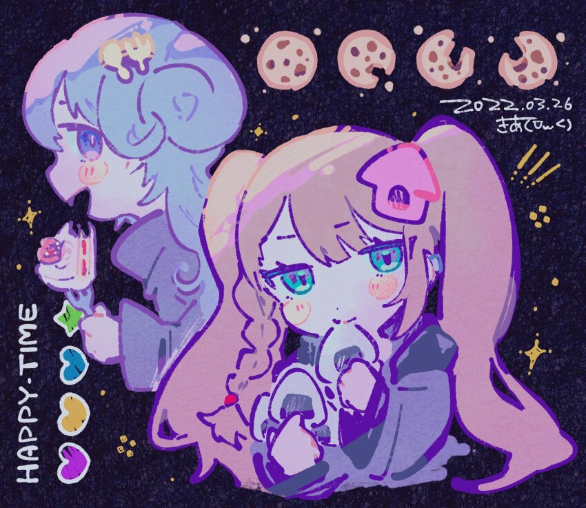 2girls, artist_self-insert, black_jacket, blue_eyes, blue_hair, braid, brown_hair, cake