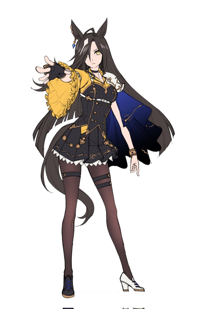 1girl, ahoge, animal_ears, armor, asymmetrical_footwear, black_gloves, black_shoes, black_skirt