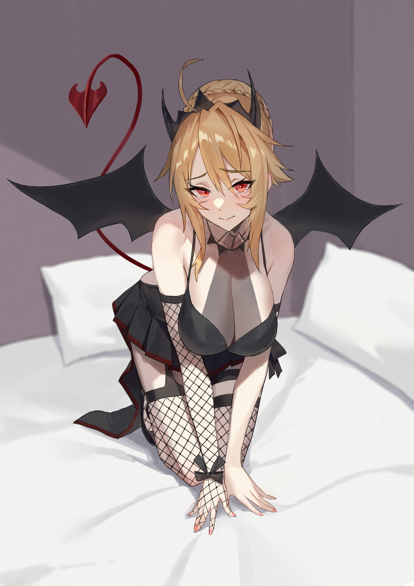 1girl, absurdres, angelica_rapha_redgrave, black_dress, blonde_hair, breasts, demon_girl, demon_horns